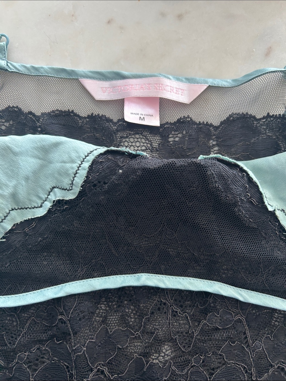 Victoria's Secret Black Lace Chemise with Mint Trim